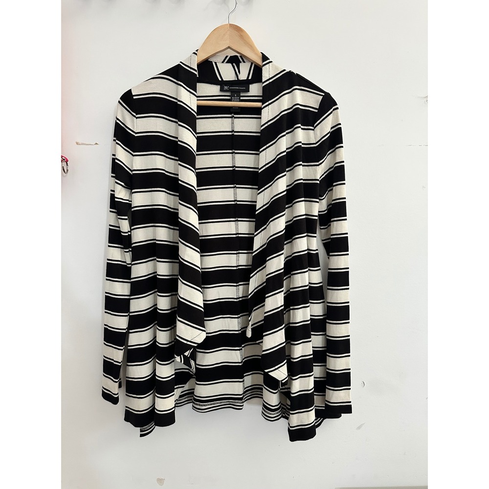 INC International Concepts Striped Open Front Cardigan Black White Ribbed Small